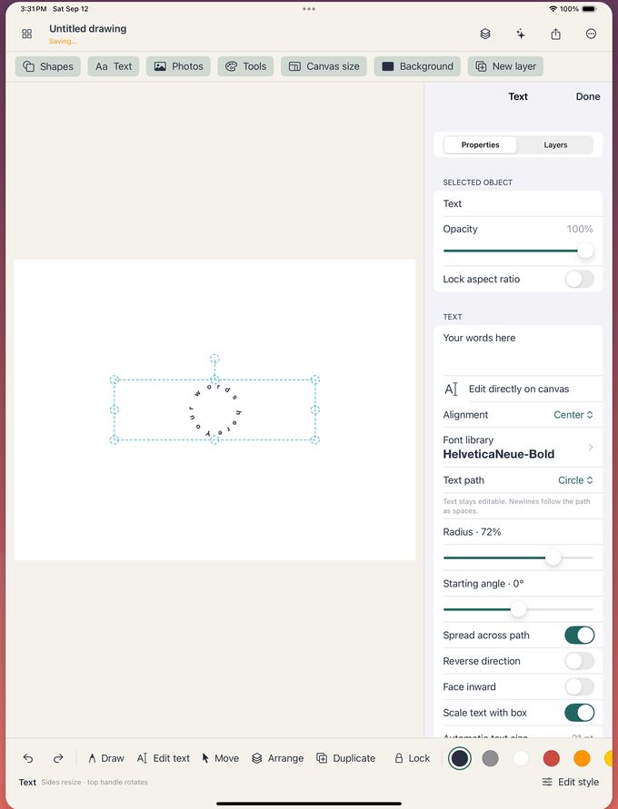 DoodleFam iPad editor showing the editable circular text controls